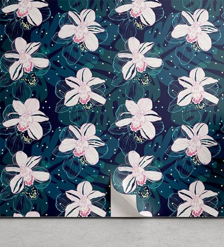 ABAKUHAUS Ispirazione Floreale Carta da parati adesiva per la casa, Orchidea Selvaggia, Accento autoadesivo per il soggiorno e la cucina, 33 cm x 90 cm, Rosa Ottanio scuro Blu notte