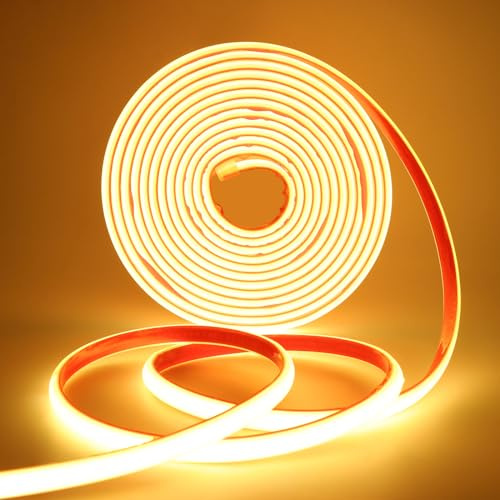 Wisada AC220-240V Neon LED Streifen Selbstklebend, 5M 288LEDs/m Superhell Flexible FCOB LED Leuchtband (Schnitt alle 50cm), IP65 Warmweiß COB LED Band mit Stromkabel für Weihnachten, Party-Deko