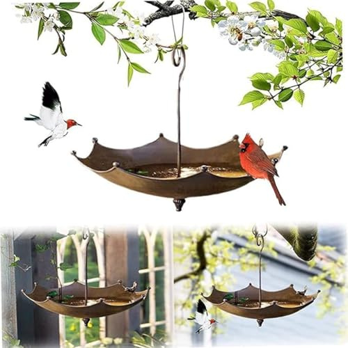 Vogeltränke Schirm aus Metall in Rost-Optik, Vogeltränke in Regenschirmform, hängend, Vogelbad Winterfest & frostsicher, Wasserschale, Balkon & Garten-Deko für Draußen