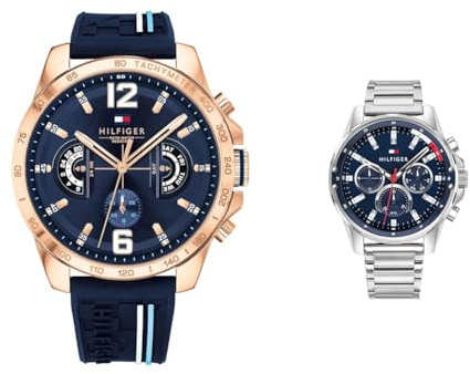 Tommy Hilfiger Multi Zifferblatt Quarz Uhr für Herren mit Marinblaues Silikonarmband - 1791474 & Multi Zifferblatt Quarz Uhr für Herren mit Silbernes Edelstahlarmband - 1791788