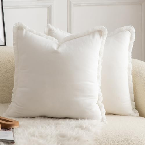 Mandioo 2er Set neutralen Baumwolle Quasten Kissenbezug 65x65cm Dekorative Kissenbezüge Dekokissen Boho Sofakissen Kissenhülle für Couch Sofa Schlafzimmer Wohnzimmer Heimdekoration Cremeweiß