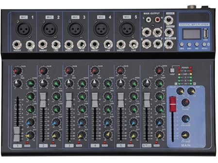 Audio Mixer, 7 Kanäle Bluetooth Mixer Live Studio Audio Mischpult USB DJ Konsole Verstärker, ideal für Familienfeiern, Karaoke, DJ-Events