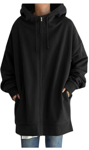 Sweatjacke Damen mit Kapuze Lang Oversize - Hoodie Jacke mit Reißverschluss Locker Kapuzenjacke Herbst Winter Hoody Sweatshirt Elegant Verdickt Warm Fleecejacke mit Taschen Outdoor Windjacke, S-5XL