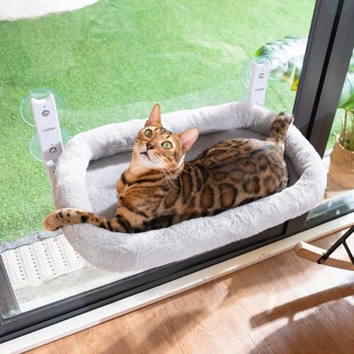 CATISM Plegable Hamaca para Gatos con Cojín de hasta 20 kg, 52 x 30 cm, Ventosa Fuerte, Alfombra Reversible, Doble Cara, Cojín de Tela Lavable, Gris