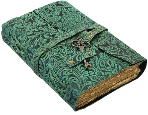 Geprägtes Leder-Tagebuch mit antiken Schlüsseln, Vintage-Seiten, handgefertigtes Tagebuch, Leder-Skizzenbuch, Notizblock, Reisetagebuch, Schattenbuch, Ledergrimoire (A Green, 10x7 Inch)