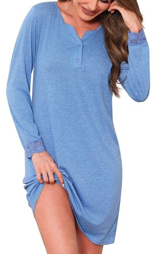 Jahetuul Camicia da Notte Donna Cotone a Maniche Lunghe con Bottoni Camicia da Notte Aperta Davanti con Collo a V e Polsini in Pizzo Pigiama da Donna in Morbido Cotone