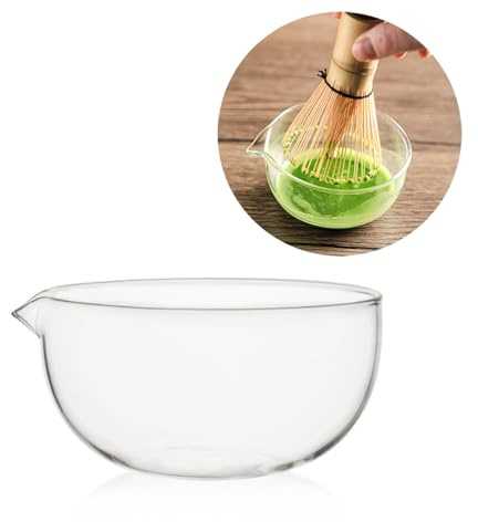 Glass Matcha Bowl With Pouring Spout, Ceremonial Mixing Chawan, 4.5 in, Clear Japanese Style Matcha Green Tea Cup, Hammer Spouted Matcha Mixer，Matcha Bowls，Glass, transparent, no lines (370ML)