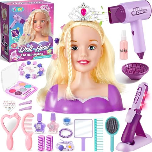 Tacobear Schminkpuppe Frisierkopf Kinder Friseur Set mit Haartrockner Haarglätter Schmink Frisierkopf Spielzeug Stylingkopf Hairdressing Kinderschminke Spielzeug Geschenk für Mädchen ab 3 4 5 6 Jahre