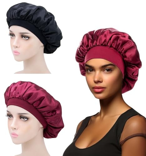iLamvie 2 Pezzi Cuffia Seta Capelli Ricci,Silk Bonnet,Berretto da Notte Raso Elastico per Dormire Cappello da Notte per Donna Berretto da Notte Raso per Donna Ragazza(Nero+Rosso)