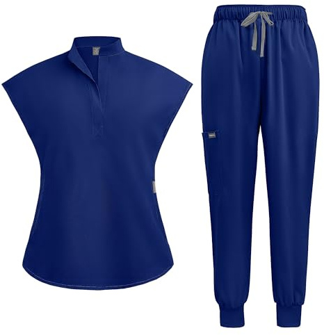 Meichoon Blouses médicales et d’allaitement pour femmes Col montant Haut extensible avec 2 poches latérales Pantalon de jogging extensible à cordon de serrage effilé DK55Bleu foncé S