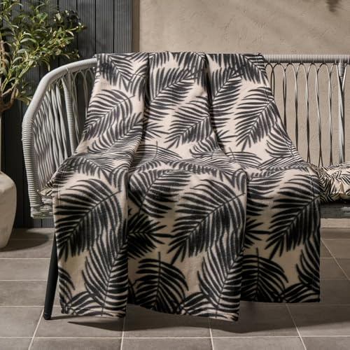 Dreamscene Fleece Throw Blanket Fleece Leaf Print Throw, Ultra Soft Cosy Tropical Natural Design Fleece Blanket For Bedroom Couch Sofa Throw, Beige/Black - 120 x 150cm