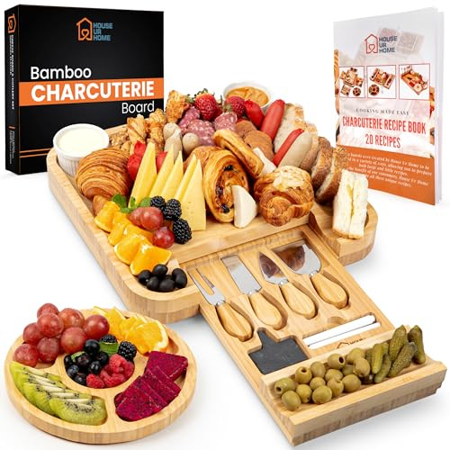 Large Bamboo Charcuterie Board Set with Hidden Drawer Storage | Cheese Board with Knives & Bowls | Perfect Housewarming, Bridal Shower