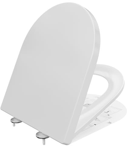 DERW D Shaped Soft Close Toilet Seat, Eco-Friendly Urea-Formaldehyde Resin, Heavy Duty, Quick Release, Easy Clean, Top Fixing, Scratch Resistance, Dimension 427 * 360mm, White
