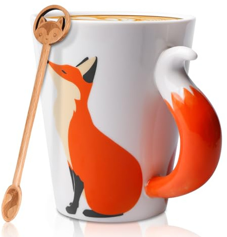 Tasse à café 360 ml en céramique, motif renard, avec cuillère, cadeau pour anniversaire, rentrée scolaire, Noël, anniversaire de mariage
