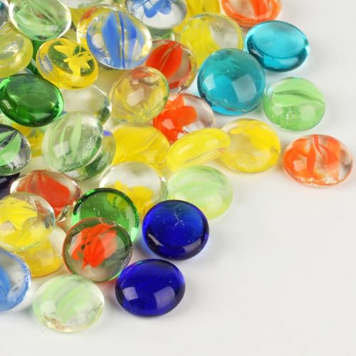 880g(About 200 Pcs)Glass Pebbles, Coloured Glass Marbles for Vase Fillers, Flat Glass Beads for Vases Gems, Decorative Garden Stones for Plant Pots Aquarium Garden Arts and Crafts Fish Tank Pebbles
