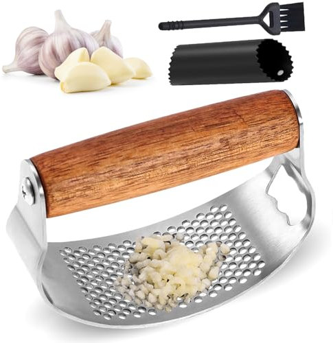2025 Neu Knoblauchpresse Edelstahl, Knoblauchpresse aus 304 Edelstahl mit praktischem Reinigungsbürstchen und Silikon Knoblauchschäler Set, Garlic Press Einfache Handhabung und Reinigung (1 Pcs)