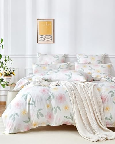 Gezu Bettwäsche Baumwolle 135x200 cm Rosa Weiß Blätter Blumen Muster Pflanzen Wende Bettwäsche Set Bunt 100% Baumwolle Allergiker Weich Bettwäsche mit Reißverschluss und 1 Kissenbezug 80x80 cm