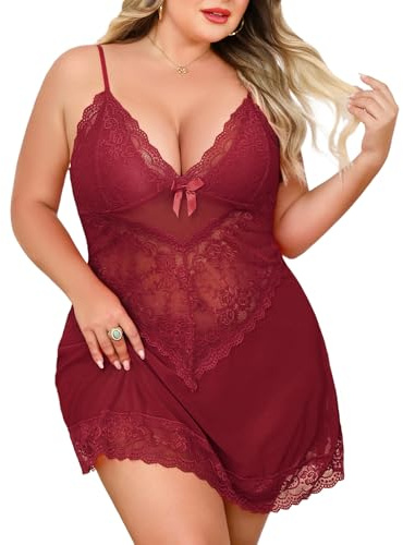 UMIPUBO Sexy Lingerie for Women Sets Plus Size Babydolls V Neck Sexy Nightwear Negligees Lace Sleepwear XL-4XL Mesh Chemises Night Dress Ladies Elegant (Burgundy, 4XL)