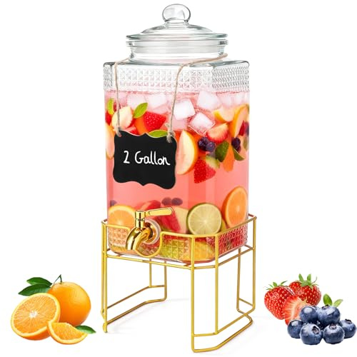 NutroLab Drink Dispenser for Parties with Stand – 2 Gallon Beverage Dispenser with 18/8 Gold Stainless Steel Leak-Proof Spigot and Glass Lid, Ideal for Tea, Juice, Lemonade, and Party Drinks