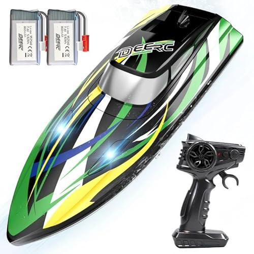 DEERC Barca RC con illuminazione a LED, 30 km/h, barca da corsa radiocomandata ad alta velocità, 2 batterie, oltre 24 minuti, 2,4 GHz, giocattolo per piscina e mare per bambini e adulti