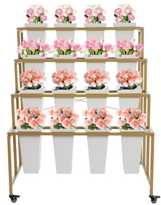 SnamicE Espositore per Fiori a 4 Livelli con 16 secchi, portavasi con Ruote, Robusto Carrello portafiori Mobile, portafiori per Esterni, per Bar, Patio, Giardino,Gold Shelf & White Square Buckets