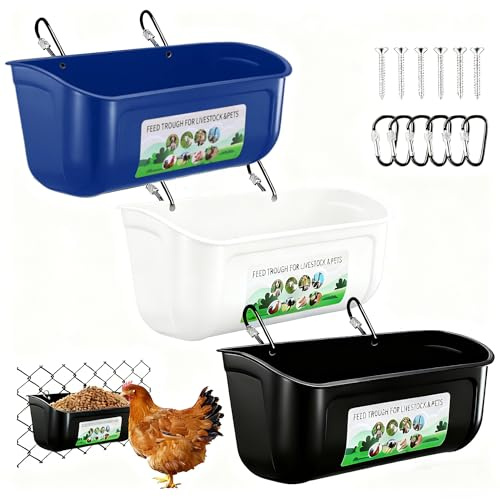 Xygobla 3 Pack Chicken Duck Feeders Trough, 4.5 Quart Chicken Goat Hanging Fence Feeder with Clips Poultry Feed Trough & Waterer Bucket Fence-Mounted Livestock Feeding Container for Coop, Farm, Barn
