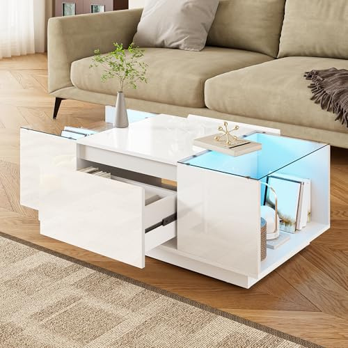 OKMYHOME Table Basse LED avec 2 Tiroirs, Blanche, 105 × 50 cm | Hauteur 35 cm, plateau en verre, rangements intégrés, design moderne, pour salon