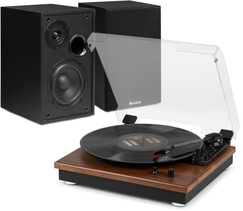Audizio RP112L Bluetooth Vinyl Record Player with Active Bookshelf Speaker Set, 80W, Wireless Streaming, RCA & 3 Speed Turntable, Home HiFi System, Record Player with Speakers, Light Wood Finish
