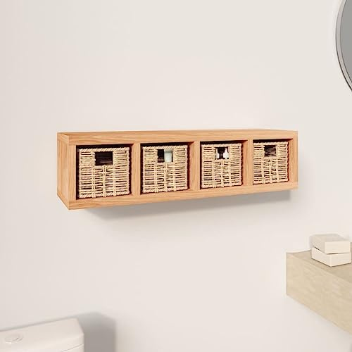 Wandregal aus Massivem Walnussholz mit Körben, 4 Abnehmbare Körbe, Wandmontiertes CD-Regal für Flur, Büro, Küche, Einfache Montageanleitung in der Box
