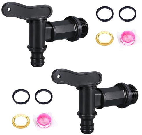 Auslaufhahn für Regentonne, 2 Stück Schwarz Messing Ersatzhahn, 3/4 Zo | Wasserhahn Adapter für Regentonne 3/4 Zoll mit Dichtung und Lochöffner für Heim Garten Wassertank Anschlüsse