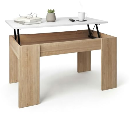 duehome | Mesa de Centro elevable, Mesita de Salón Comedor, Acabado en Roble Canadian y Blanco Artik, Modelo Norak, Medidas: 90 cm (Largo) x 50 cm (Ancho) x 45-53,5 cm (Alto)