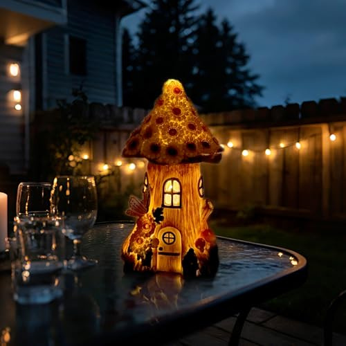 GUILEDUO Fairy Garden House Statue with Solar Lights, Resin Outdoor Figurine Lights, Yellow Mushroom House, Outside Yard Decorations for Porch & Lawn, Garden Decor Gifts for Mom Women