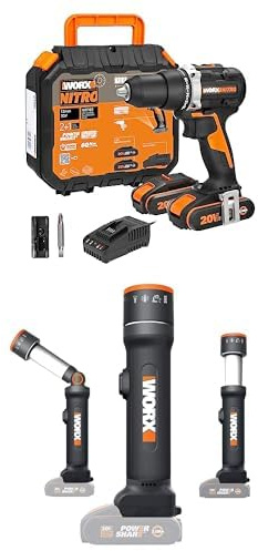 PACK WORX Perceuse visseuse sans fil 20V 60Nm WX102 + Lampe led 4 en 1 sans fil WX027.9, livrée avec 2 batteries 2Ah, chargeur rapide et accessoires