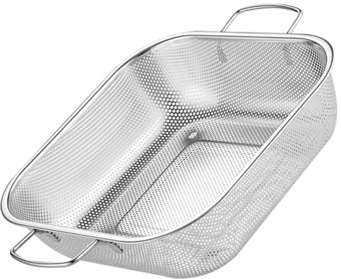 FENICAL Scolapasta Quadrato in Acciaio Inox 28,5 Cm con Doppie Maniglie, Cestello Filtro Rete Fine per Scolare Riso, Frutta e Verdura, Contenitore Scolo Portatile per Cucina e Lavello