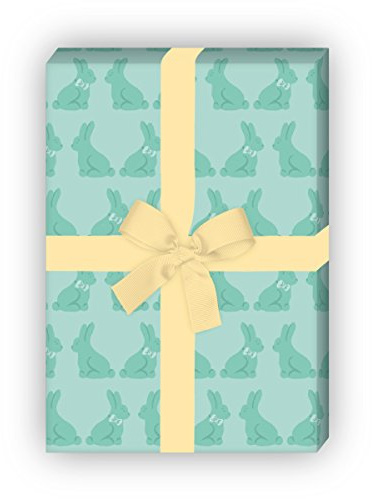Kartenkaufrausch 4 Bögen - Edles Oster Geschenkpapier Set mit einer Reihe von Hasen als edle Geschenkverpackung, Musterpapier, Dekorpapier zum basteln 32 x 48cm, mint