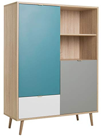 Newfurn Highboard Sonoma Eiche grifflos Kommode Sideboard Wohnzimmer | mehrfarbige Fronten petrol grau weiß, 2 Türen 1 Schublade, offene Ablagefächer, skandinavisch Retro, Flur Schlafzimmer