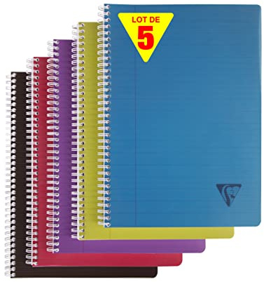Clairefontaine 329146C - Packung mit 5 Spiralbücher Linicolor Intensiv, DIN A4, 21 x 29,7, liniert mit Rand, 90 Blatt, 90g, farbig sortiert, 5 Stück