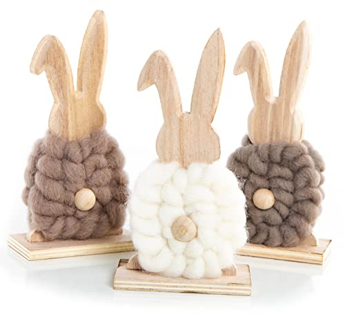 Logbuch-Verlag 3 dolci coniglietti conigli pasquali in legno lana feltro marrone chiaro grigio bianco decorazione pasquale Pasqua idea regalo