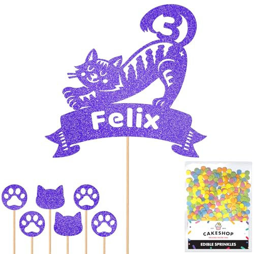 Personalised Birthday Cat Kitten Glitter Cake Topper- Bright Blue Any Name & Age Glitter Cake Decoration and Sprinkles - Happy Birthday Decorations - Personalised Toppers for Cakes by Cakeshop