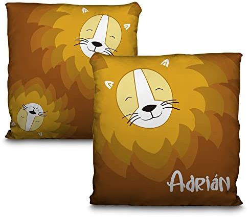 LolaPix Cojin Infantil Niño. Cojin Personalizado. Cojines Infantiles. Personalizado con Nombre. Ambas Caras. Varios tamaños y diseños. León Amigo