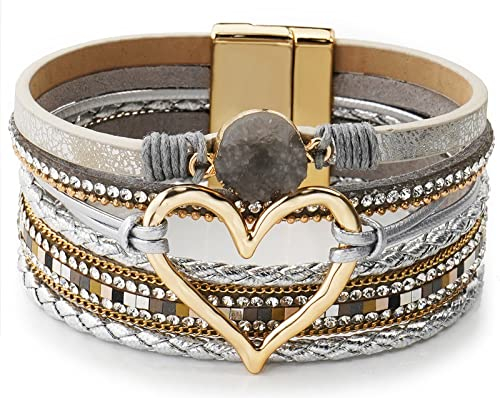Suyi Wickelarmband Aus Mehrschichtigem Leder Breite Manschettenarmbänder In Herzform Für Frauen Mädchen Silver