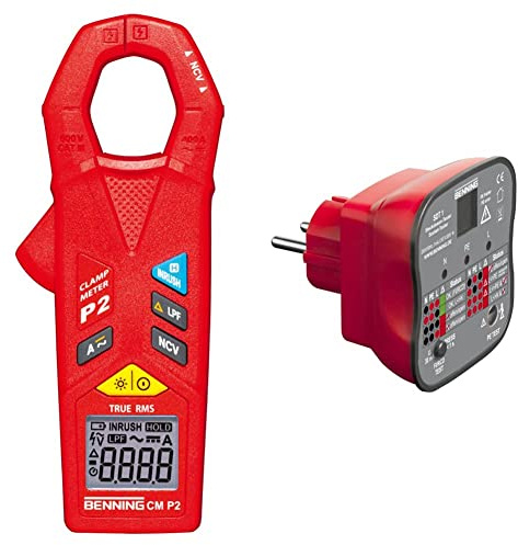 BENNING P2, TRUE RMS Mini-AC/DC-Stromzange, 044679 & SDT 1. Steckdosentester (Prüfung von Schutzkontaktsteckdosen, Prüfart 2-polig, Spannungsmessbereich 230 V AC, Klingenlänge 17 mm) 20053