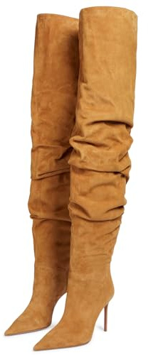 Roimaash Women Fancy Slouchy Dress Boots Overknee Stiletto Heels Thigh High Boots Pointed Toe Pull on Party Dress Boots Wide Calf Camel Size 41