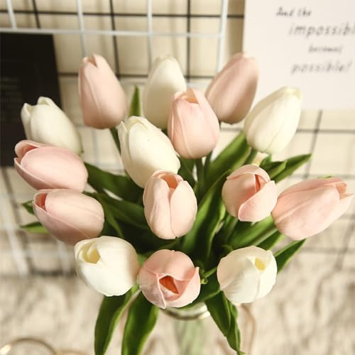 BeautifulU 20pcs White Pink Artificial Flowers Tulips Real Touch Fake Flowers Tulips Flowers Arrangement Bouquet for Christmas Decorations, Home, Room, Office, Wedding, Party Decoration (White&Pink)