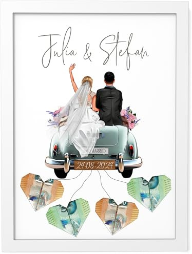 Papierschmiede® Personalisiertes Geldgeschenk Hochzeit | PAAR IST ANPASSBAR | DIY Hochzeitsgeschenke für Brautpaar | A5 Poster mit Rahmen Hochzeitsauto Geld Geschenk Bild „Old Car“