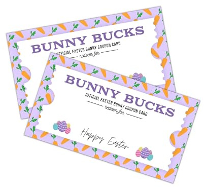 Lashicorn Easter Bunny Bucks Cards | 50 pk 2x3.5” Gift Card Holder for Easter Basket Redeemable Certificate Marshmallow Rabbit Carrots $ Amount Fill In Prize