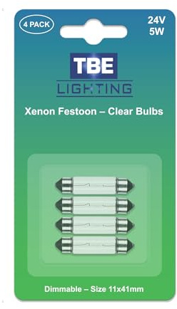 TBE LIGHTING Replacement Festoon Bulbs, PACK OF 4 Xenon lights 242 C5W Bulb for Lorry Number Plates and Interior Truck Lights. Clear glass finish, Warm White colour- 24v / 5w / Dimmable 11mm x 41mm