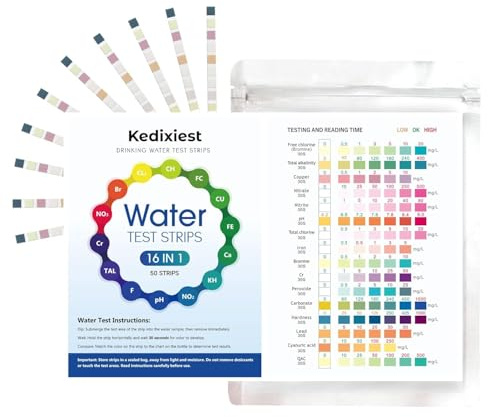 50PCS 16-in-1 Drinking Water Test Kit – Water Testing Strips for Home Tap and Well Water – Detects pH, Hardness, Lead, Iron, Nitrate, Nitrite, Copper, Mercury, Chlorine & More(16 in 1 50 Test Strips)