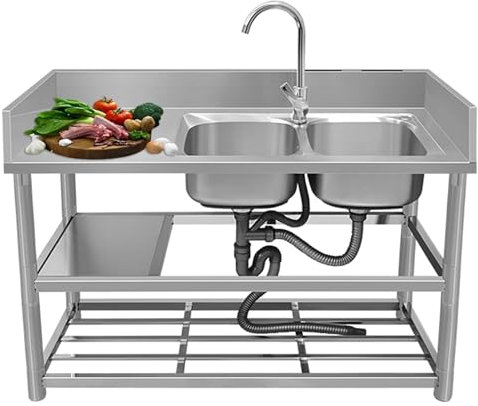 Mobile Lavello Cucina 2 vasca,Lavandino da Esterno Portatile,Lavatoio da Campeggio Acciaio Inox,Lavabo da Giardino Multifunzione con Rubinetto,per Interno,Ristorante,Bar,Garage,Facile da Pulire