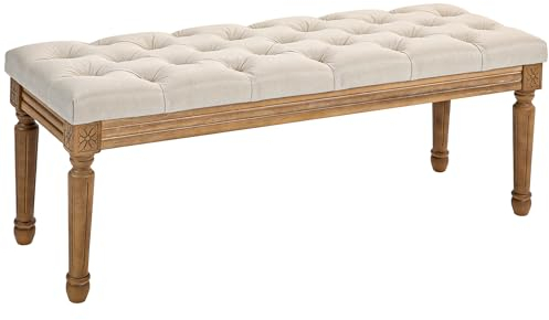 HOMCOM Sitzbank, Polsterbank mit Leinenoptik, Holzbeine, Bettbank für Schlafzimmer, Wohnzimmer, Flur, 120 x 41 x 48 cm, Creme